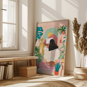 Woman taking bath in pink tropical bathroom Poster