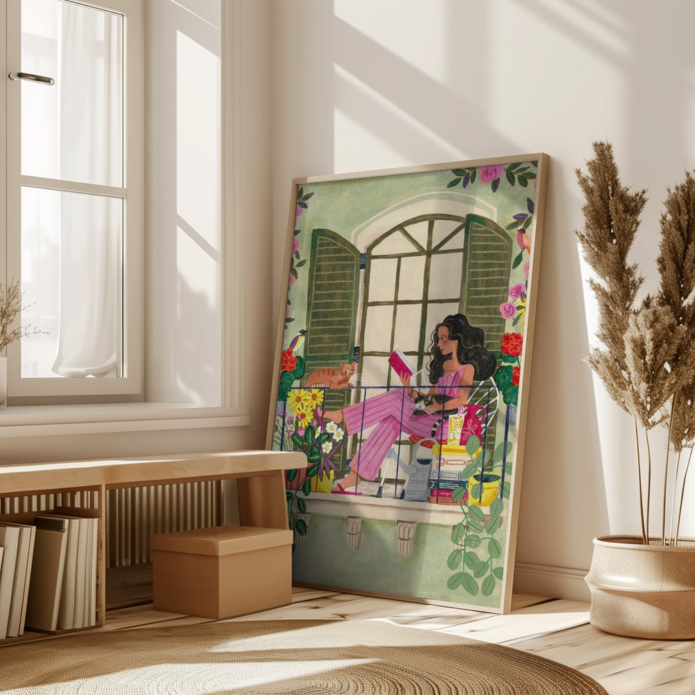 Woman reads on balcony Poster