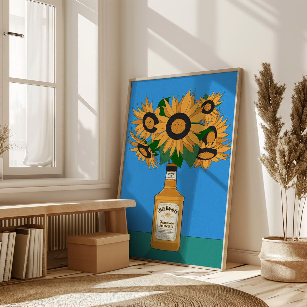 Sunflowers in Honey Whiskey Retro Illustration Poster