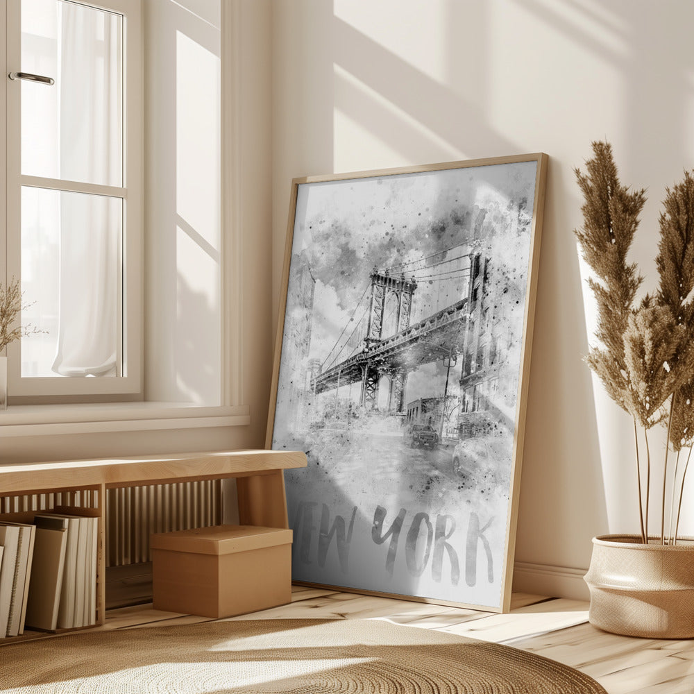 Monochrome Art NYC Manhattan Bridge | watercolor Poster