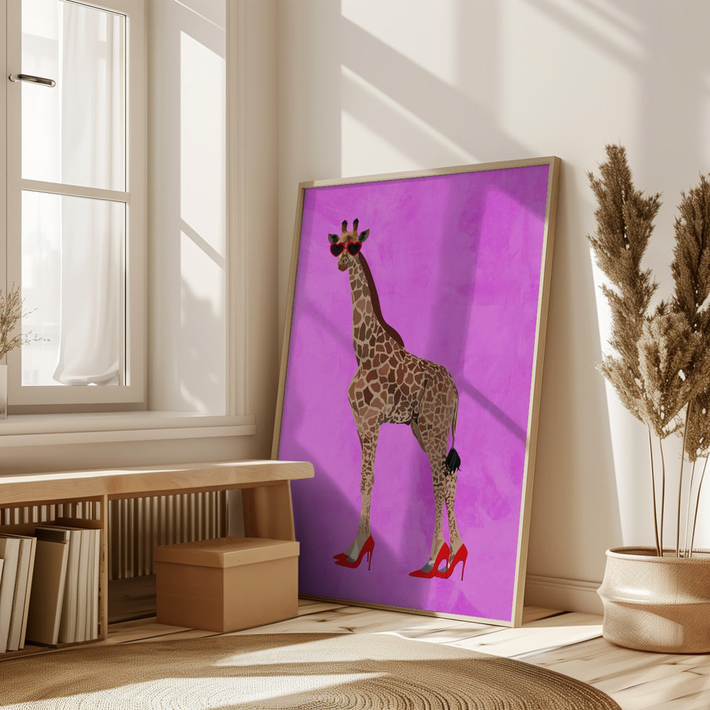 Giraffe wearing heels and heart glasses pink Poster