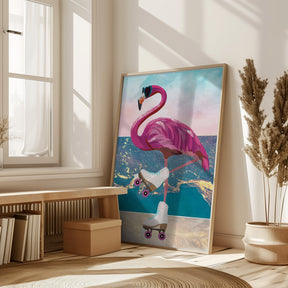 Flamingo rollerskating on the beach Poster