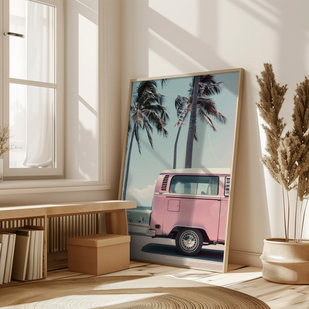 Pink Bus By the Beach Poster