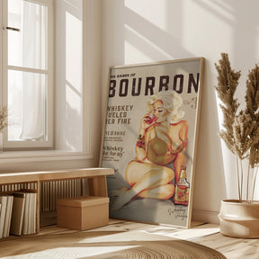 Bourbon Wall Art. Sexy Vintage Pin Up Girl Drinking Whiskey Poster