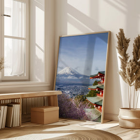 Unique view of Mount Fuji with Chureito Pagoda during cherry blossom season Poster