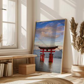 Vermilion Torii of Itsukushima Shrine on Miyajima in the evening Poster