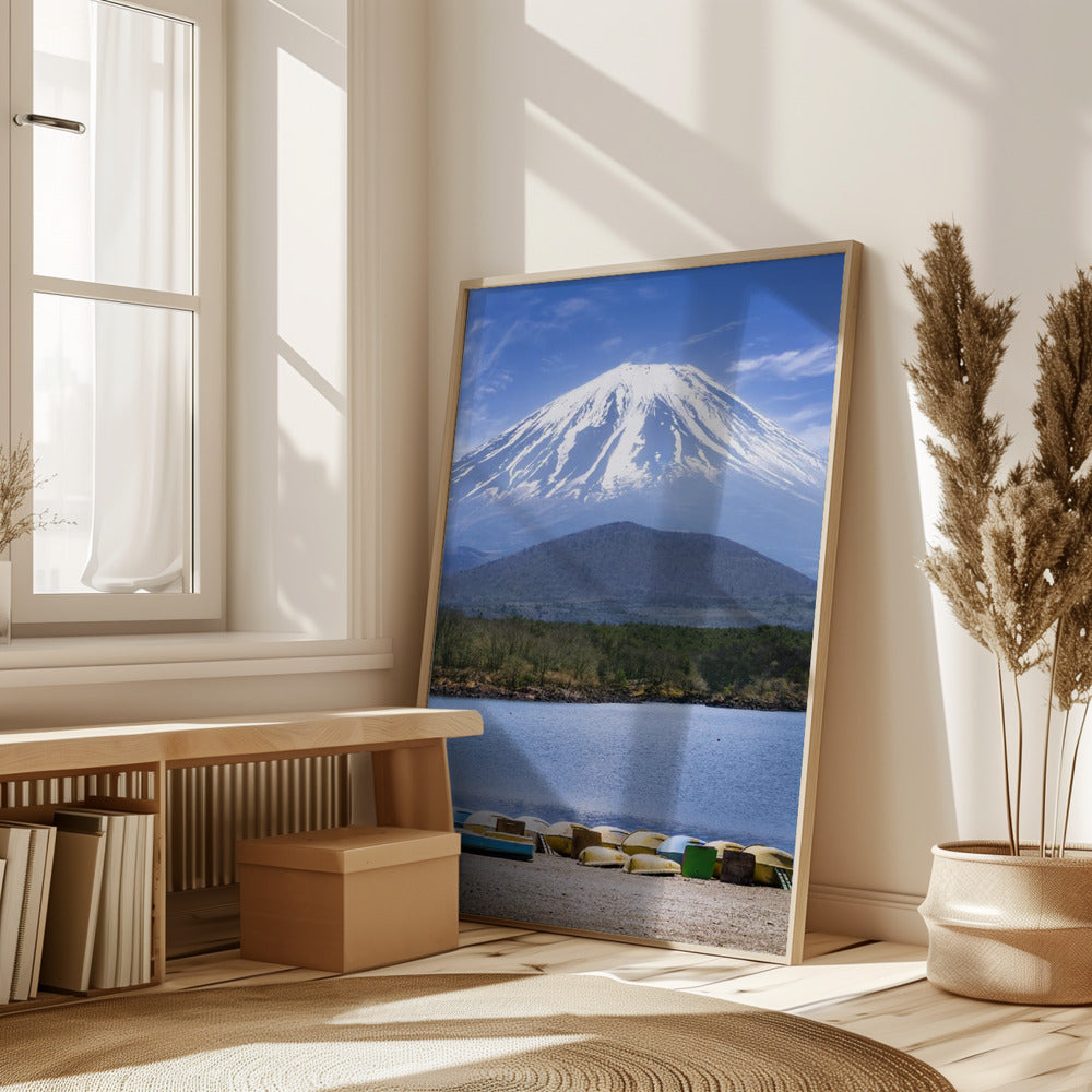 Picturesque Lake Shoji with striking Mount Fuji Poster