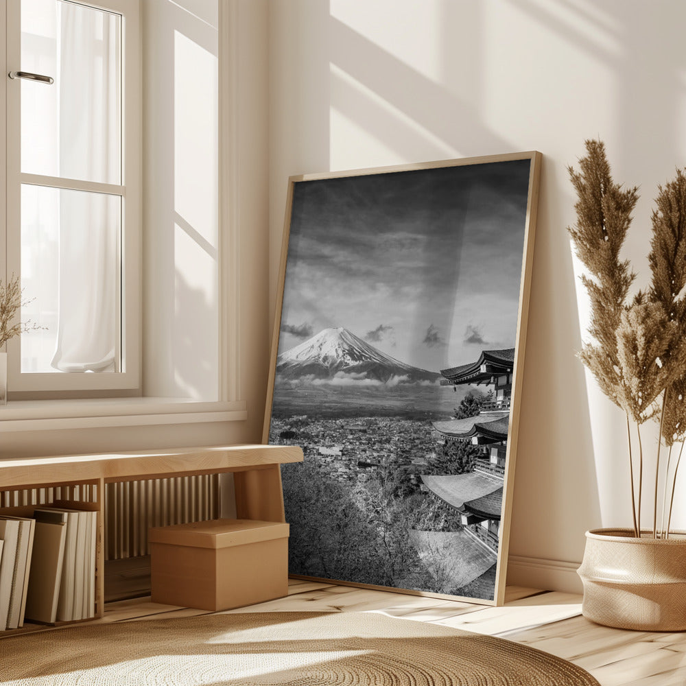 Unique view of Mount Fuji with Chureito Pagoda during cherry blossom season - monochrome Poster