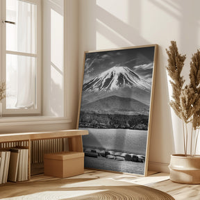 Picturesque Lake Shoji with striking Mount Fuji - monochrome Poster