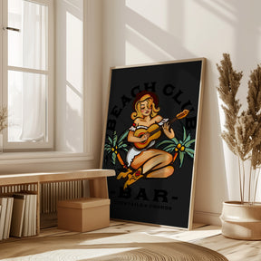 Beach Club Bar. Sailor Jerry Style Pin-up Girl Playing Guitar Poster