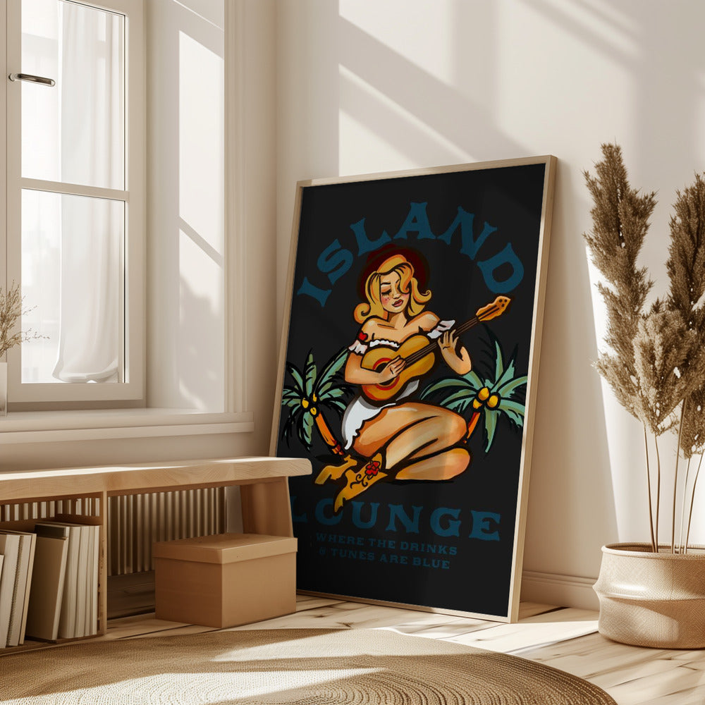 Island Lounge Tropical Pin Up Girl Playing Guitar Poster