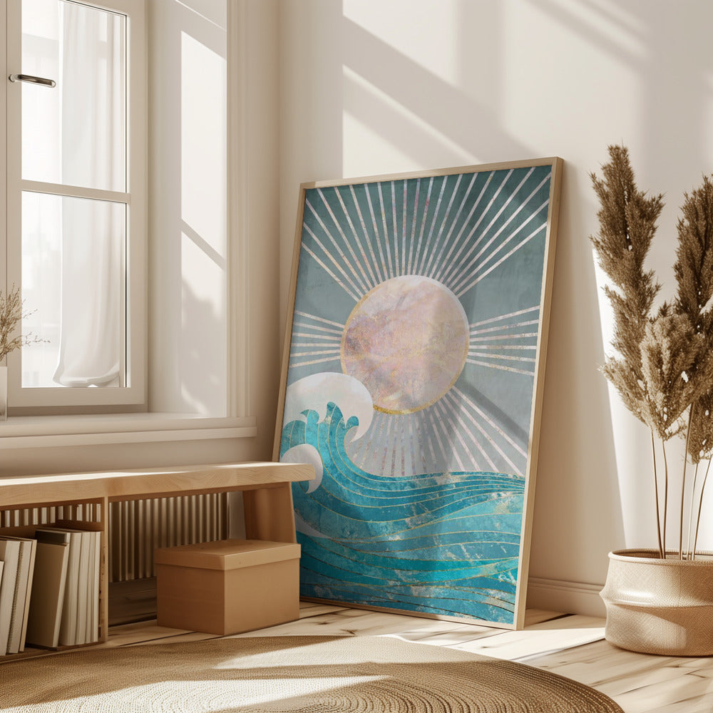 Sunset Golden Ocean Grey Poster