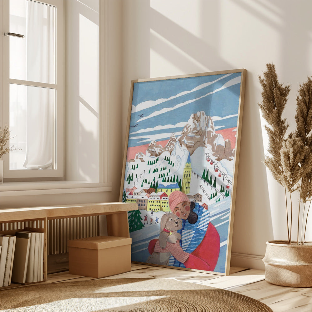 Winter Scene Woman and Dog Poster