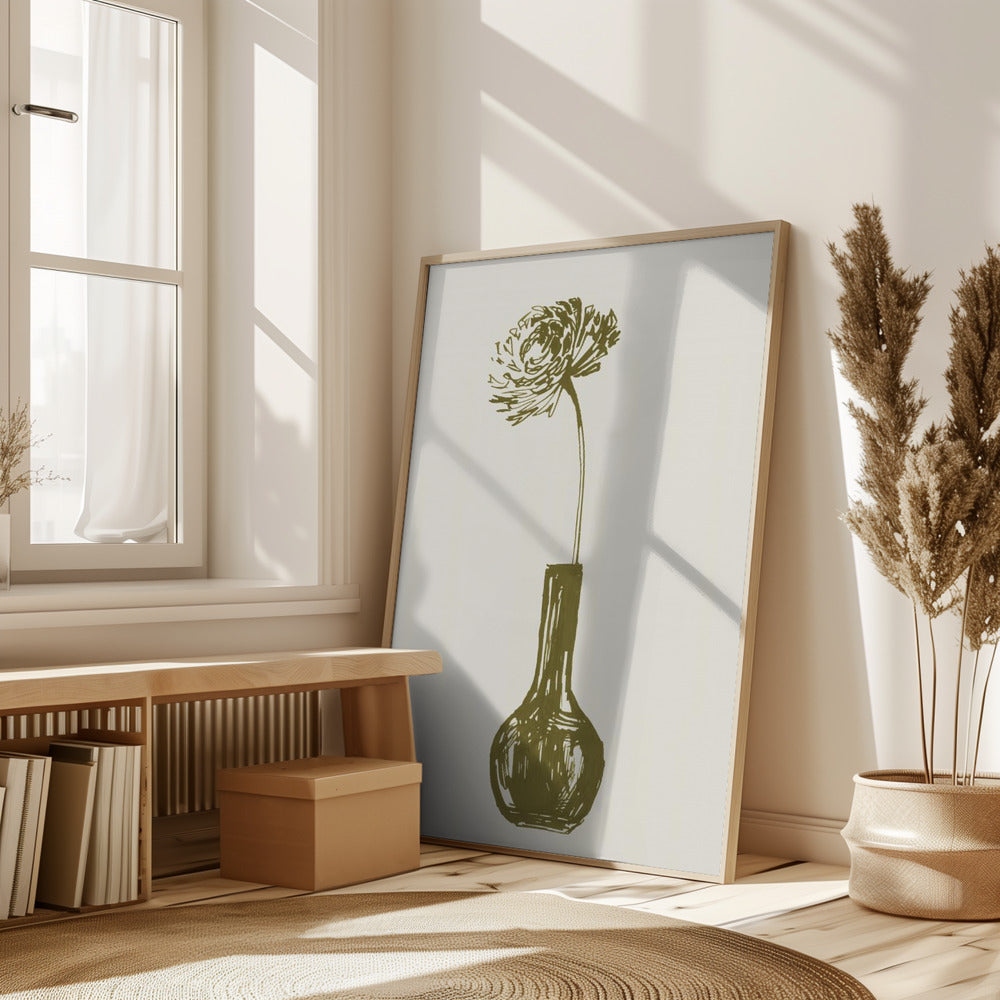 Flower in a vase ink sketch (olive green) Poster