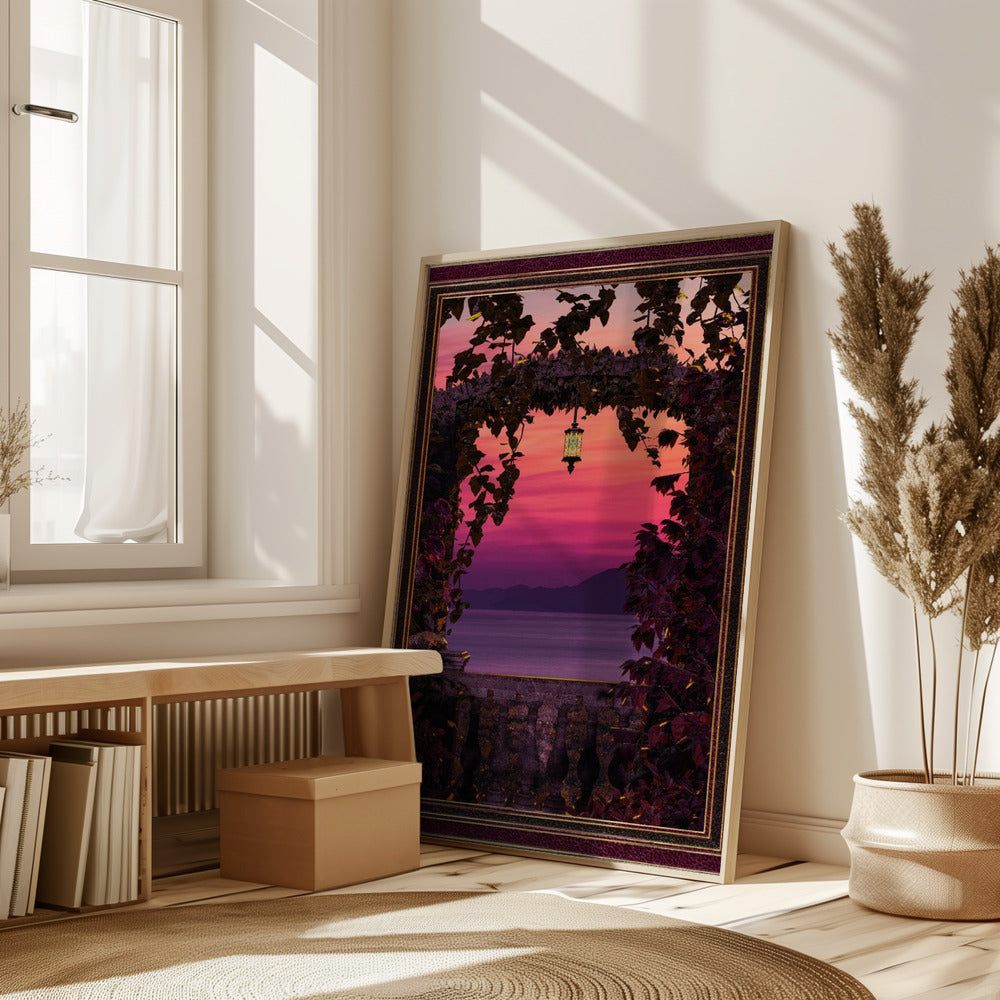 Sunset view with ornate &amp; gold burgundy frame Poster