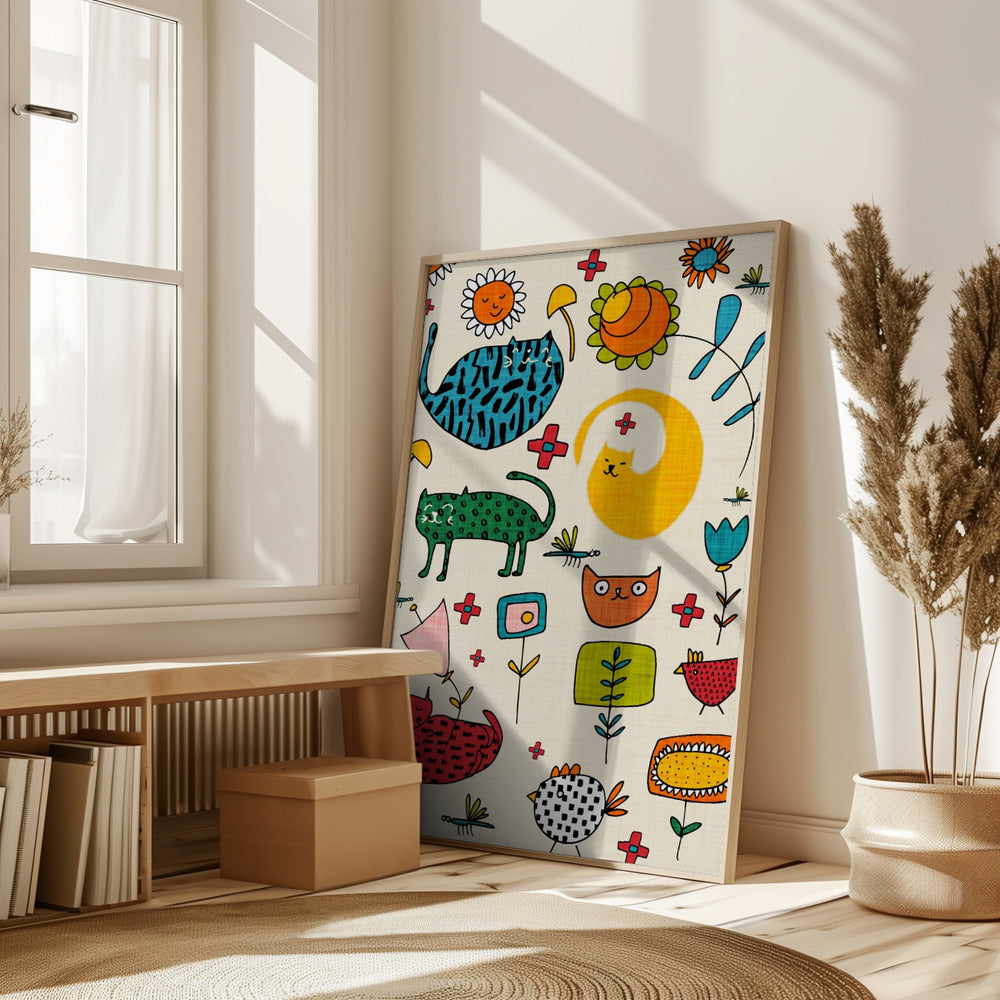 Spring Cat Beige - Cute Whimsical Cats with Flowers Poster