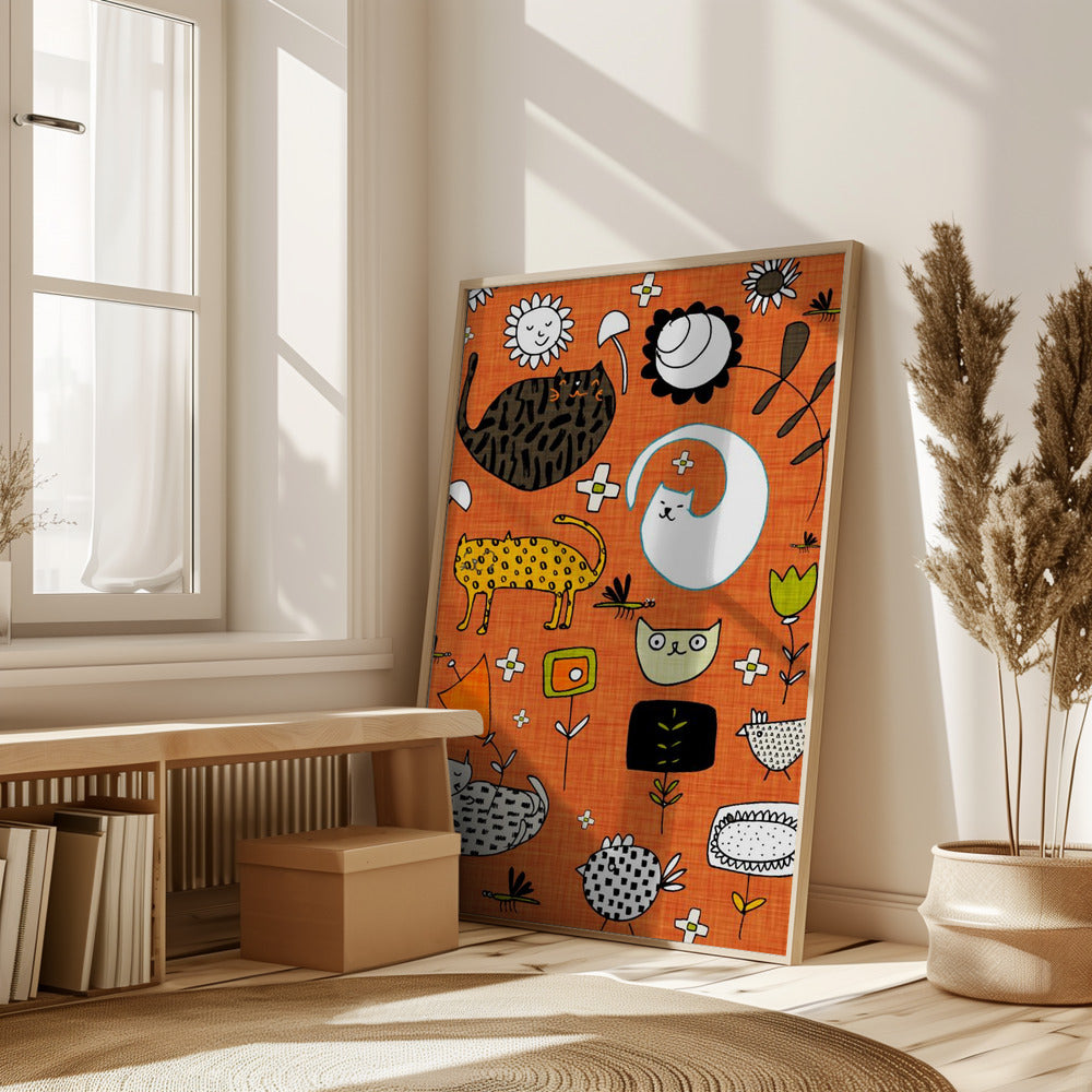 Spring Cat Orange - Cute Whimsical Cats with Flowers Poster