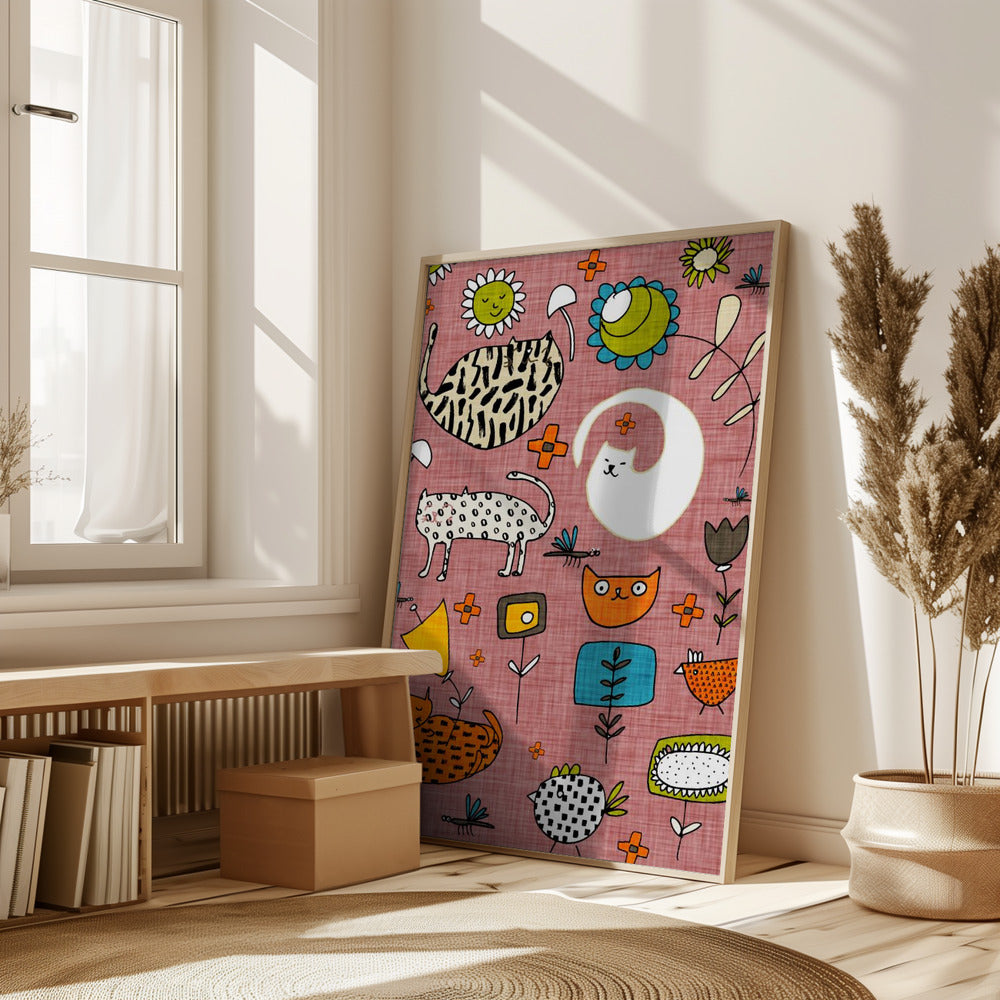 Spring Cat Pink - Cute Whimsical Cats with Flowers Poster