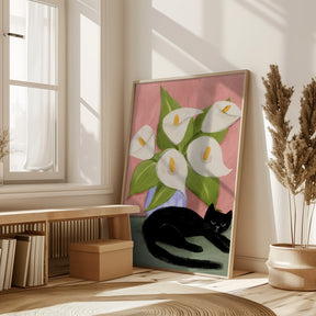 Lilies In a Vase and a Black Cat  - Still Life Illustration Poster