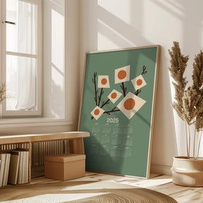 Sunburst Blossoms Sage 2025 Mid Century Calendar Poster