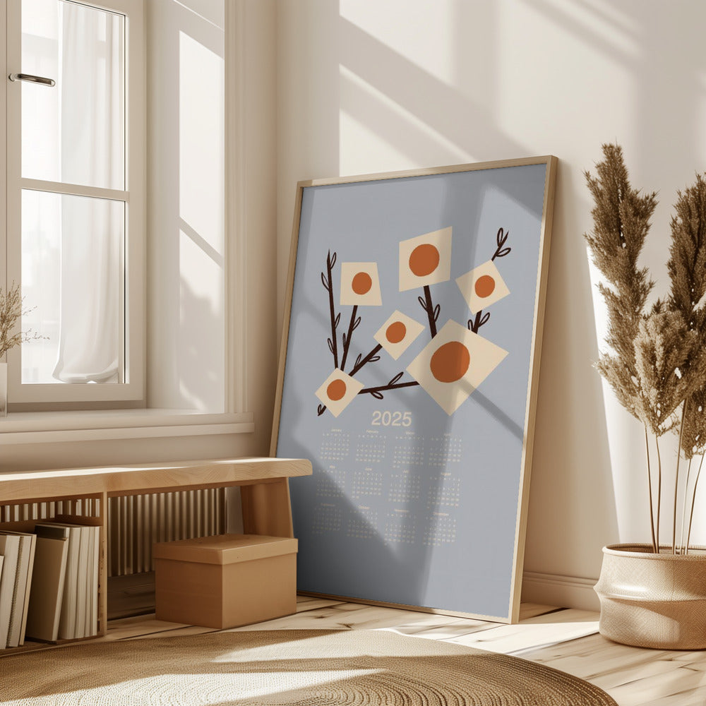 Sunburst Blossoms Grey 2025 Mid Century Calendar Poster