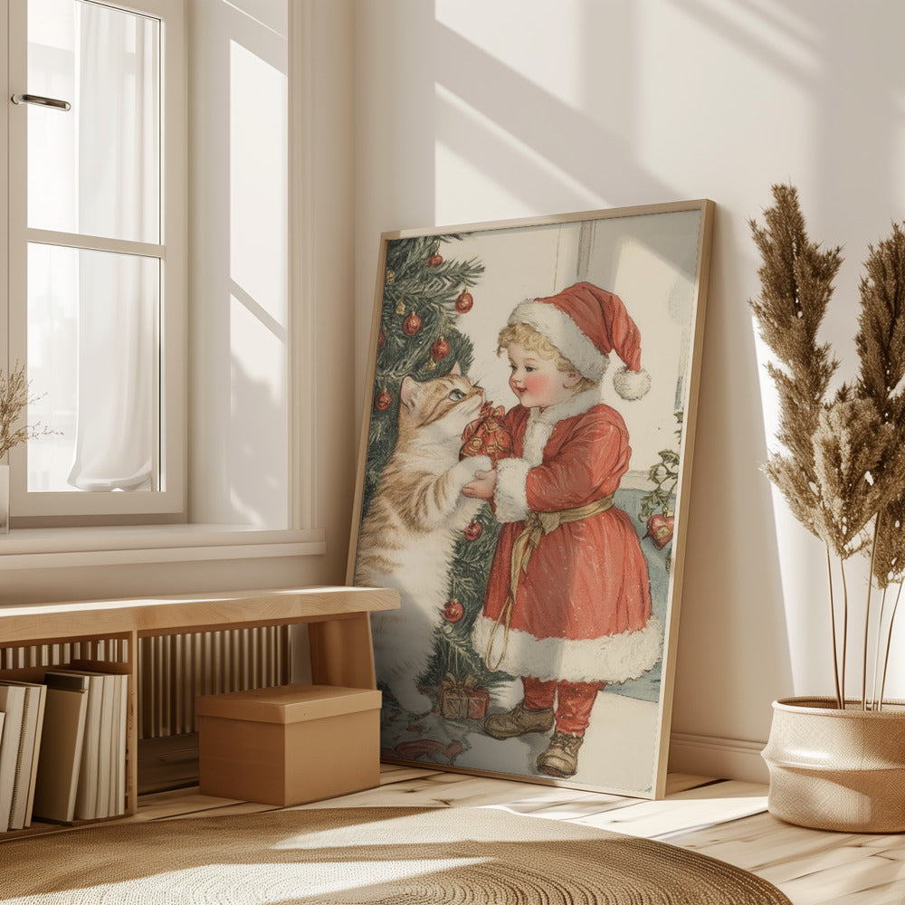 Christmas Kid and Cat Poster