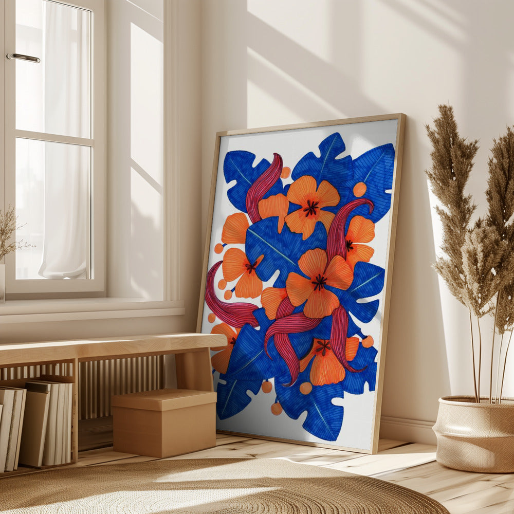 Hawaiian Orange and Blue Florals Poster