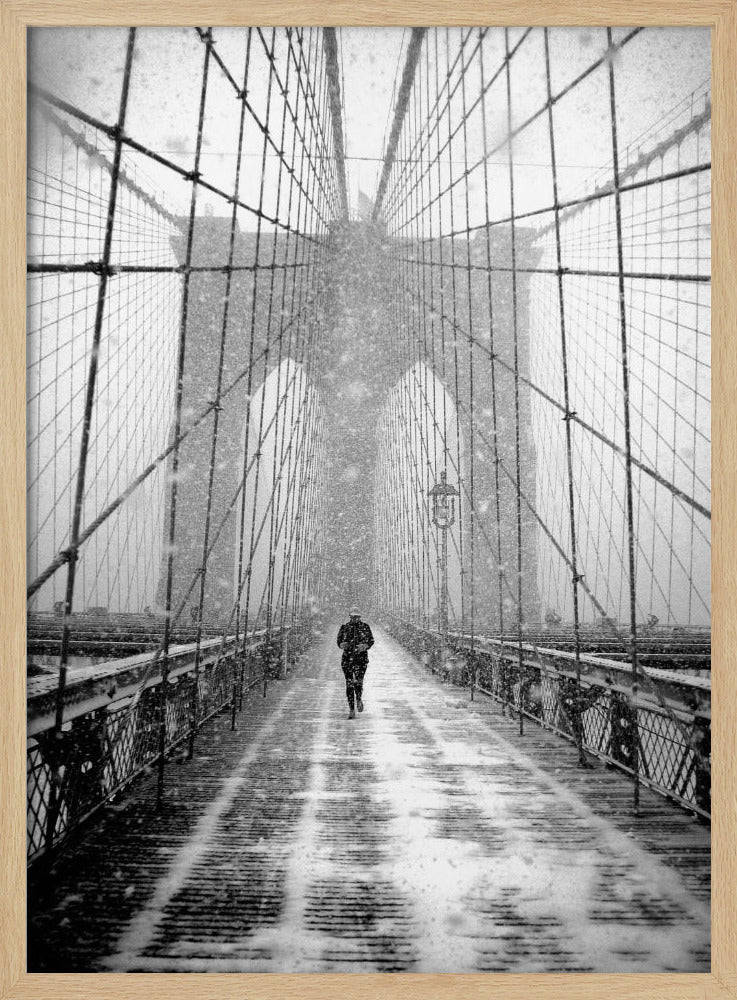 New York Walker in Blizzard - Brooklyn Bridge Poster