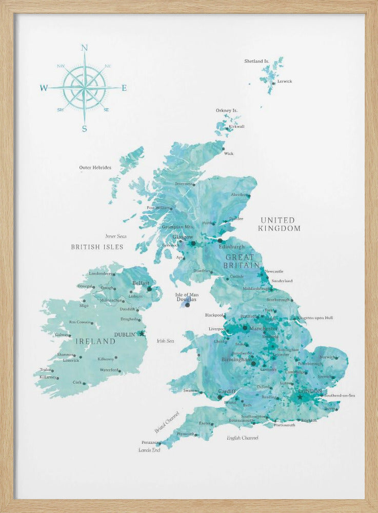 Aquamarine watercolor map of the United Kingdom Poster