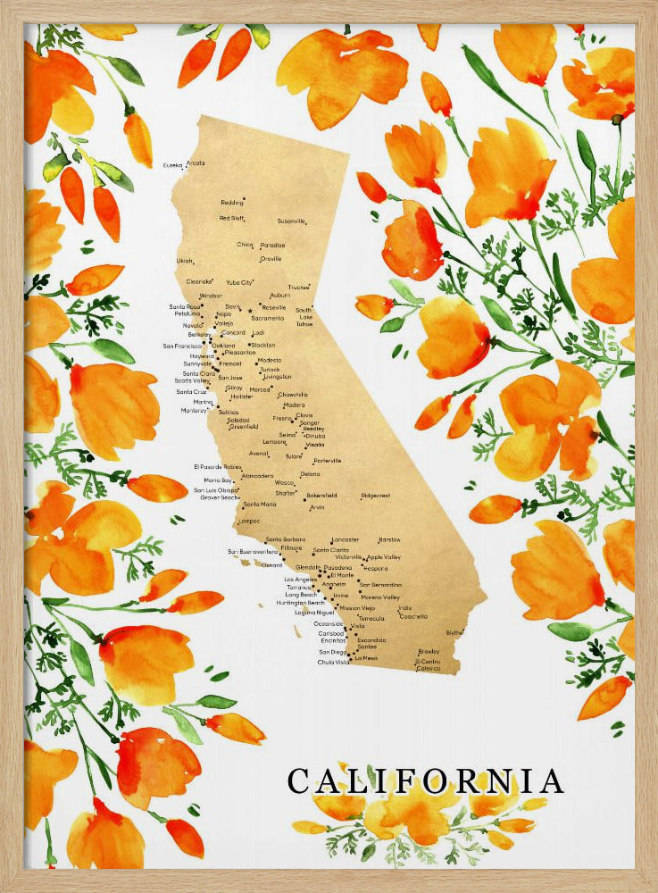 California map with watercolor poppies Poster