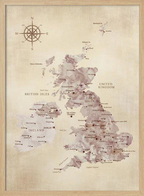 Sepia map of the United Kingdom Poster