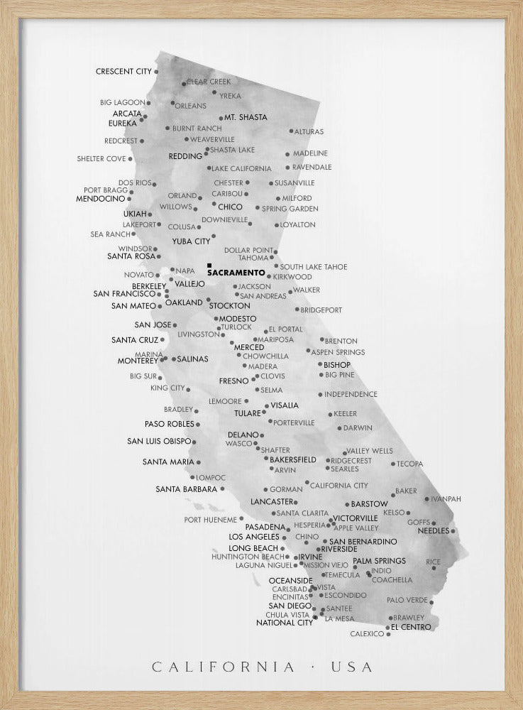 Grayscale watercolor map of California with cities Poster