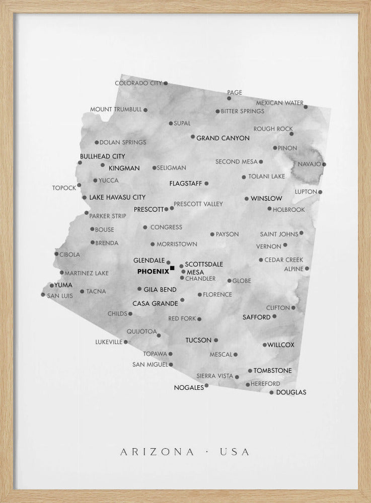 Grayscale watercolor map of Arizona, USA Poster