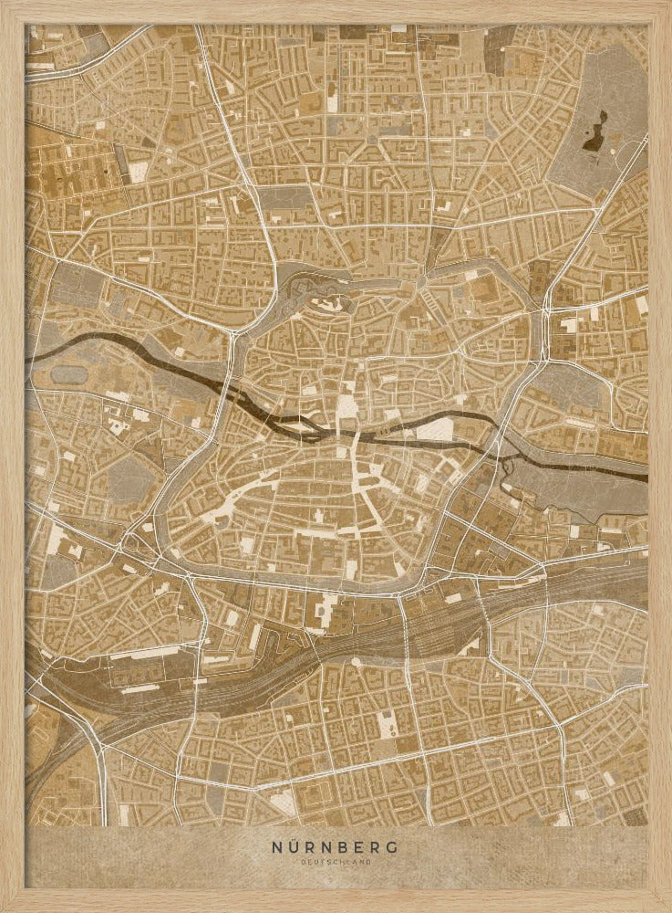 Sepia vintage map of Nürnberg downtown Germany Poster