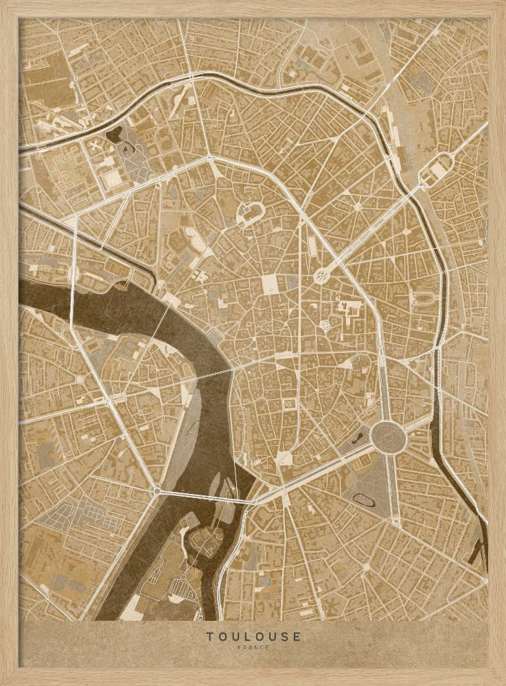 Sepia vintage map of Toulouse downtown France Poster