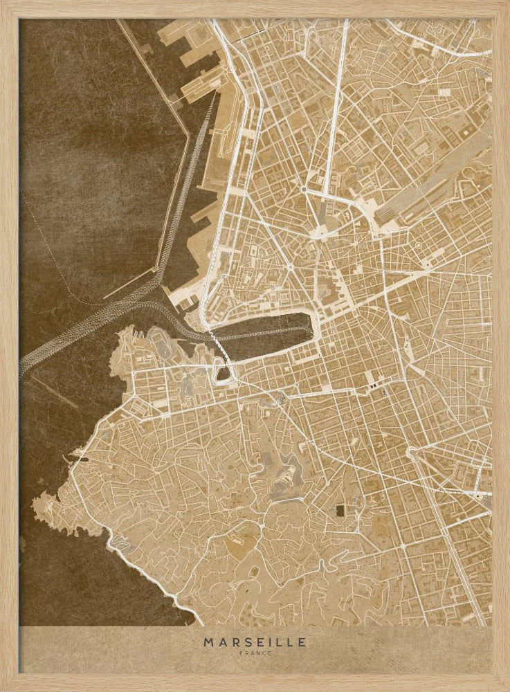 Sepia vintage map of Marseille France Poster