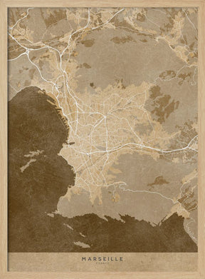 Sepia vintage map of Marseille France Poster