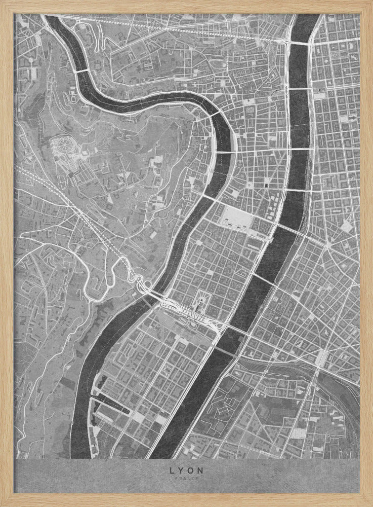 Gray vintage map of Lyon downtown France Poster