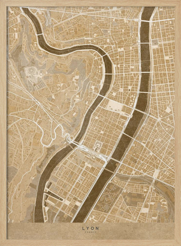 Sepia vintage map of Lyon downtown France Poster