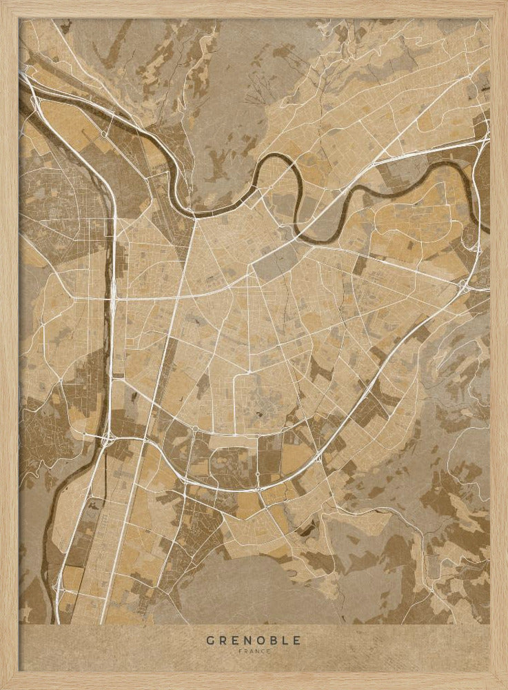 Sepia vintage map of Grenoble France Poster