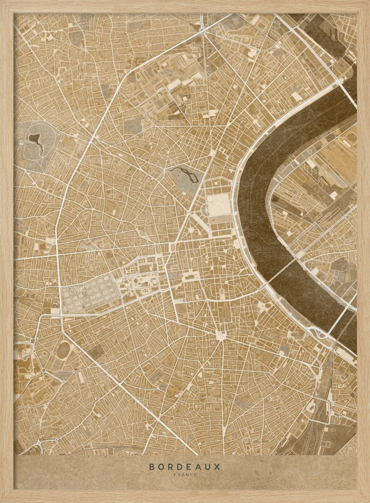 Sepia vintage map of Bordeaux downtown France Poster