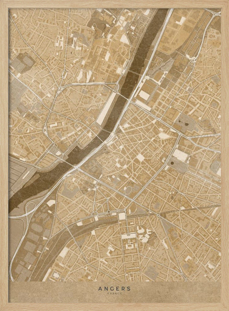 Sepia vintage map of Angers downtown France Poster