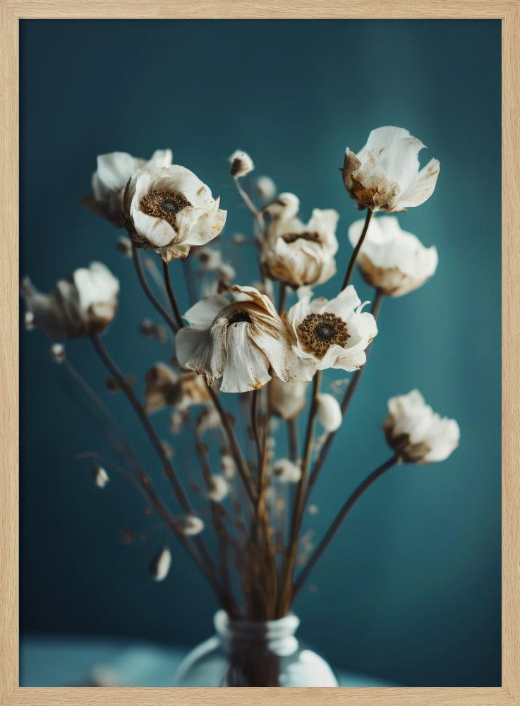 White Flowers On Turquoise Background Poster