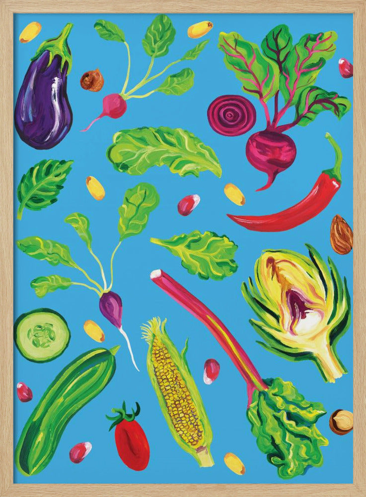 Spring Vegetables Blue Poster