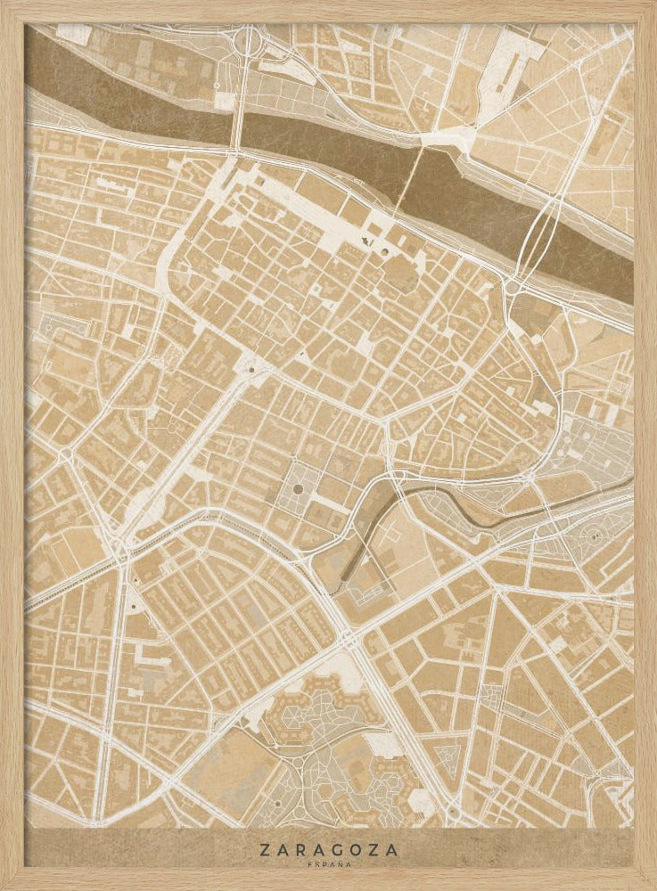 Map of Zaragoza downtown (Spain) in sepia vintage style Poster