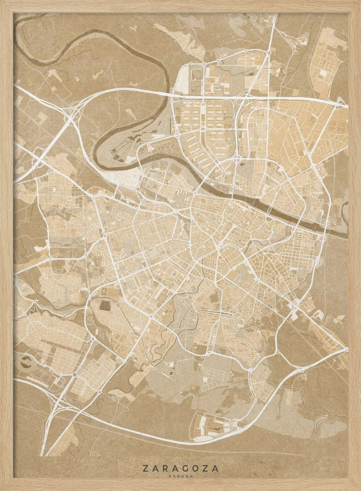 Map of Zaragoza (Spain) in sepia vintage style Poster