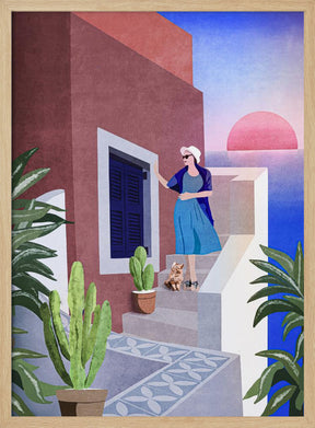 Lady and Cat In Santorini Poster