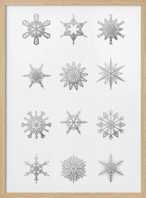 Twelve geometric snowflakes in gray Poster