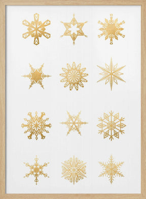 Twelve geometric snowflakes in gold Poster