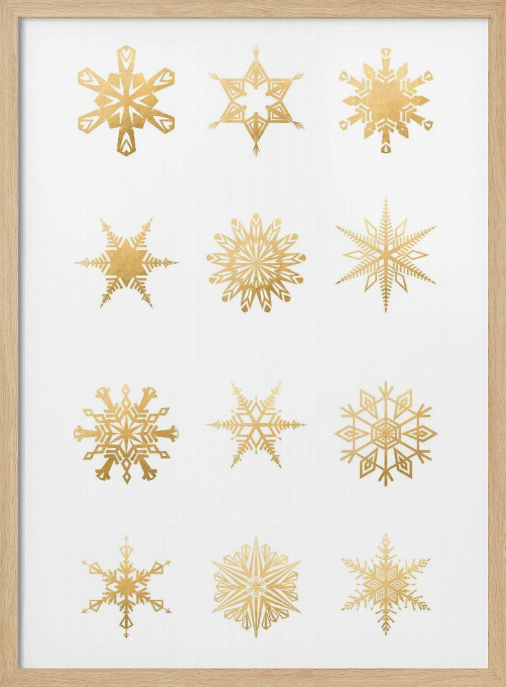 Twelve geometric snowflakes in gold Poster